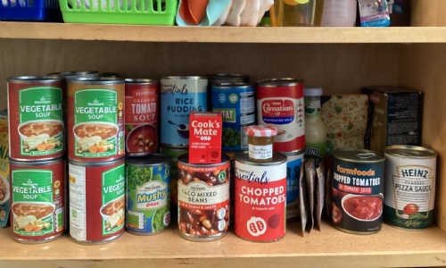 A photograph of assorted tinned food and jars on a wooden shelf.